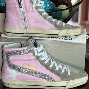 NIB Golden Goose Slides. Size 39.  Pink leather, taupe suede and silver glitter